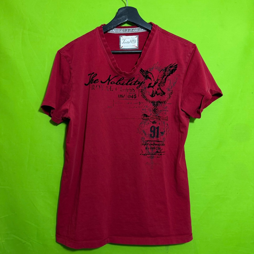 Xios Premium Mens Red V-Neck Graphic T-Shirt Eagle Nobility Print Size M